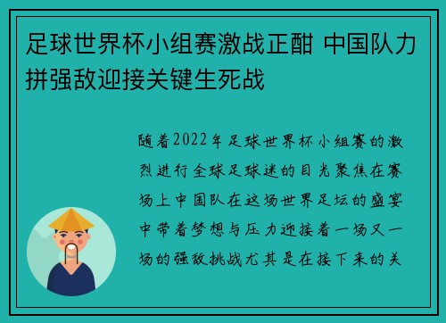 足球世界杯小组赛激战正酣 中国队力拼强敌迎接关键生死战