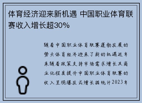 体育经济迎来新机遇 中国职业体育联赛收入增长超30%