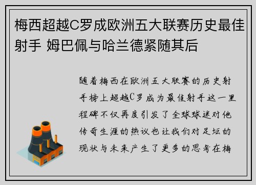 梅西超越C罗成欧洲五大联赛历史最佳射手 姆巴佩与哈兰德紧随其后